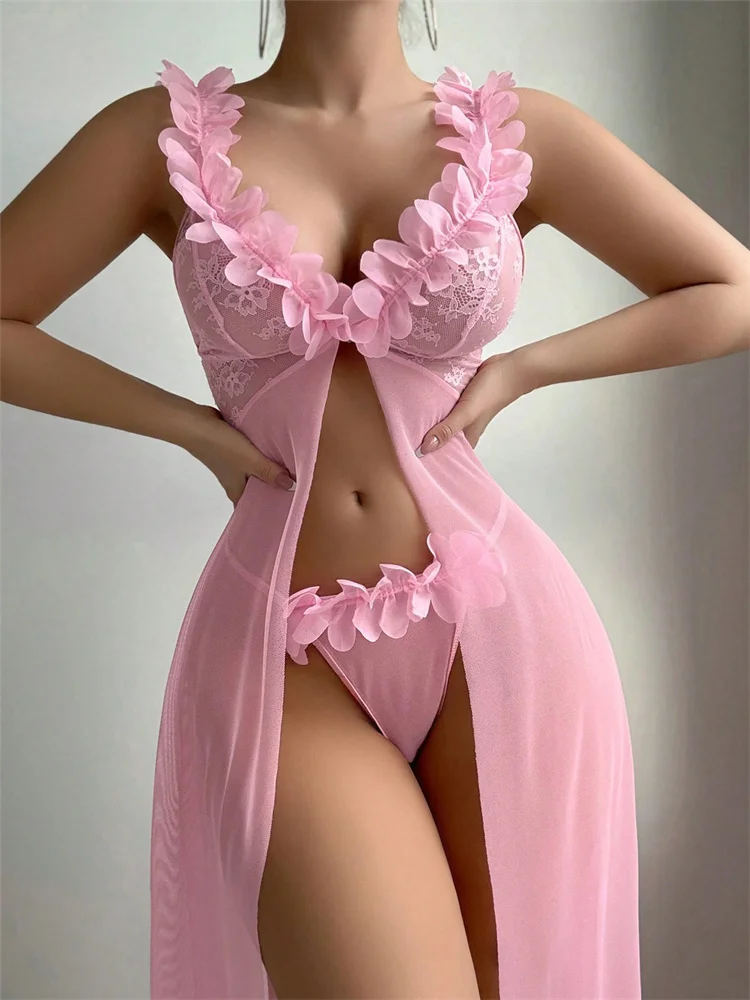 ピンクの花柄レースシースルーナイトガウン女性のセクシーなラン - Summer Clothing Stores のレビューと価格