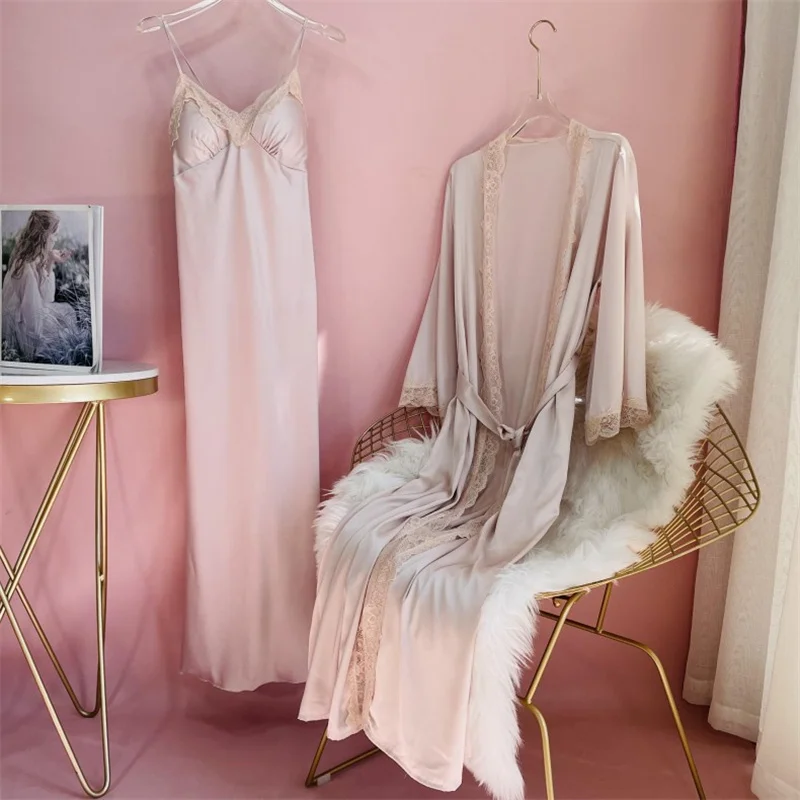 新しい女性ロングローブネグリジェセットセクシーなレーストリム - Summer House Clothing のレビューと価格