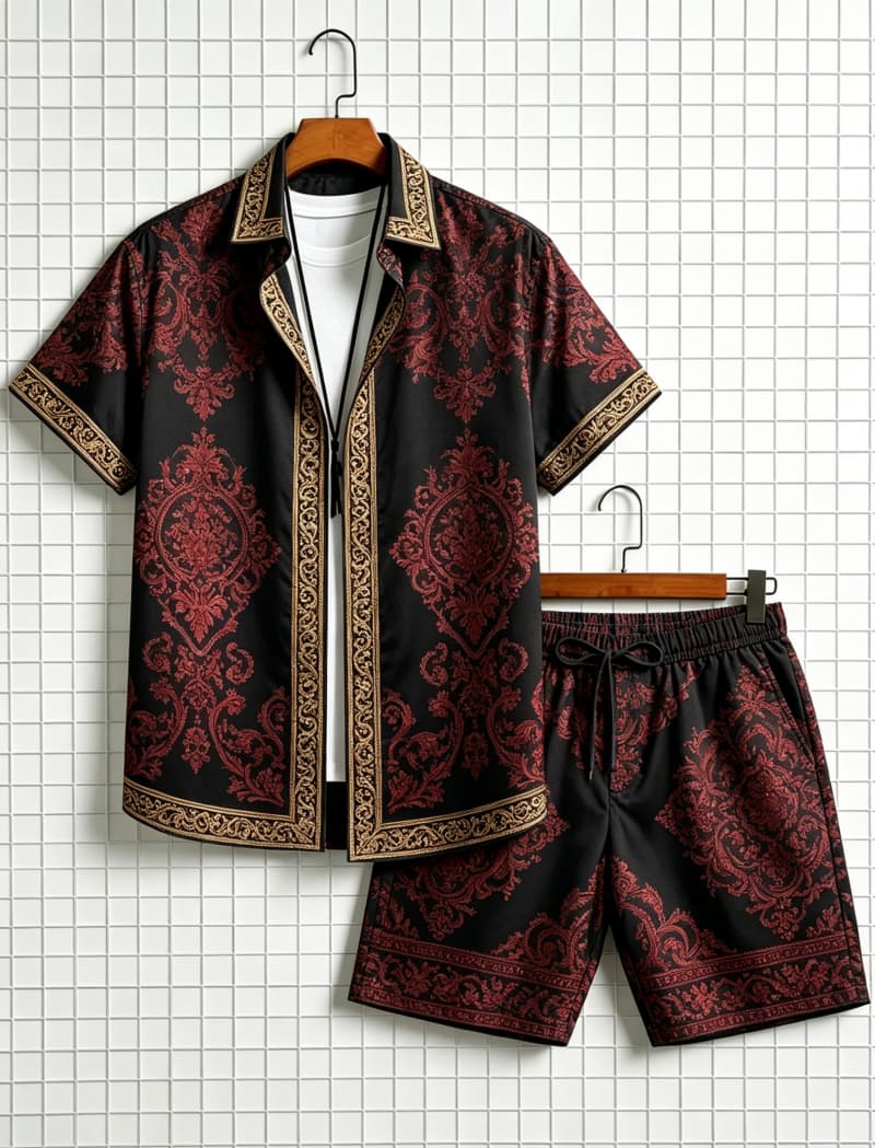 メンズエスニック柄プリント半袖シャツとショートパンツのセット - Summer Clothing Types のレビューと価格