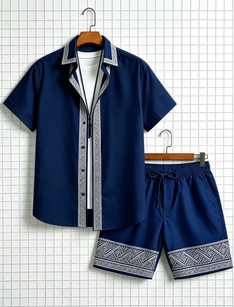 メンズエスニック柄プリント半袖シャツとショートパンツのセット - Summer Clothing Types のレビューと価格