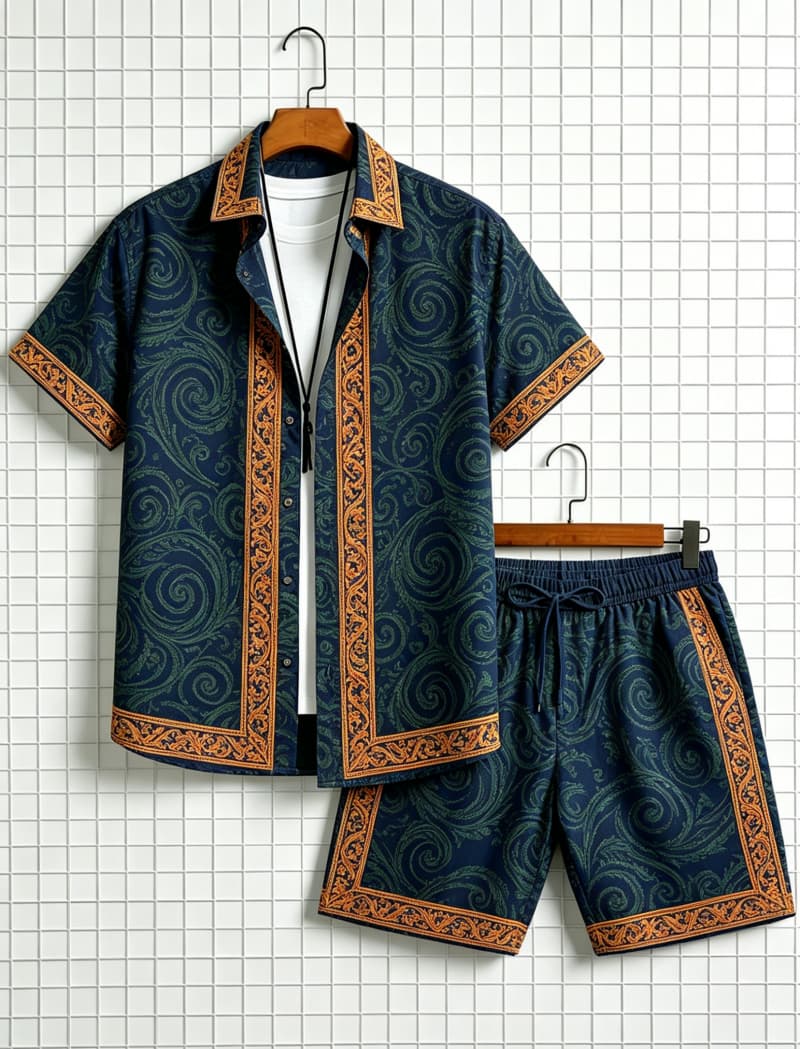 メンズエスニック柄プリント半袖シャツとショートパンツのセット - Summer Clothing Types のレビューと価格