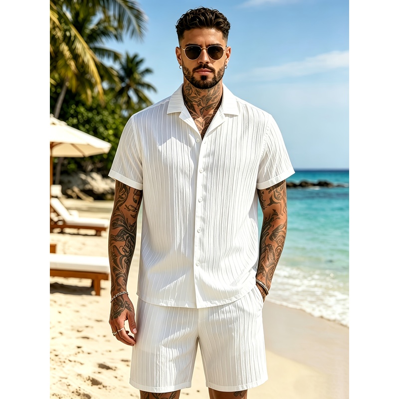 2メンズサマーカジュアルスーツセット、キューバカラーシャツ+ - Summer Clothing Beach のレビューと価格