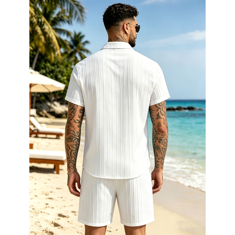 2メンズサマーカジュアルスーツセット、キューバカラーシャツ+ - Summer Clothing Beach のレビューと価格