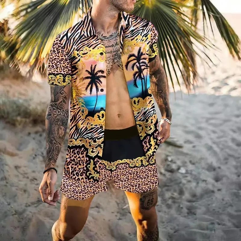 夏の上質メンズシャツセット ココナッツプリント半袖トップス  - Summer Clothing Beach のレビューと価格