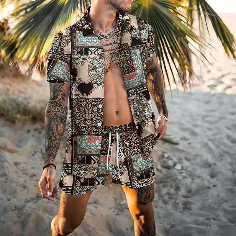 夏の上質メンズシャツセット ココナッツプリント半袖トップス  - Summer Clothing Beach のレビューと価格