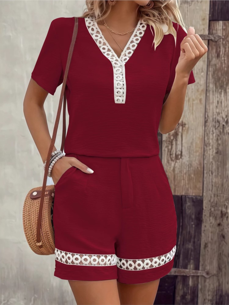 ファッションレースVネック切り替え半袖レディーススーツトラッ - Summer House Clothing のレビューと価格