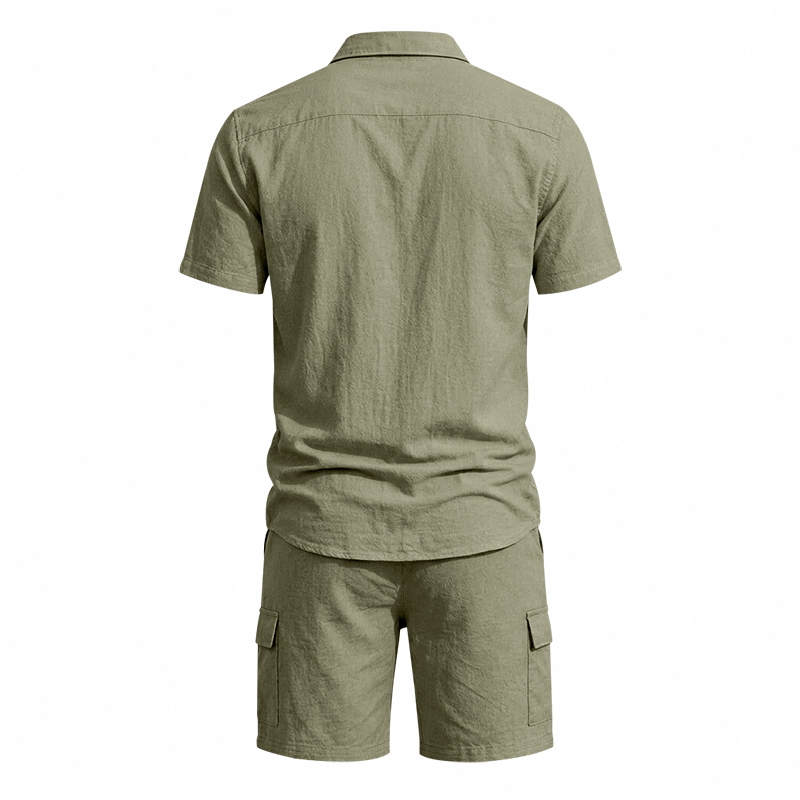 メンズ夏アメリカンリネンツーピースセット半袖シャツドロースト - Summer Clothing Sets のレビューと価格