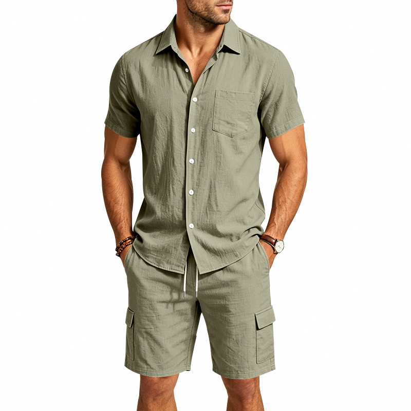 メンズ夏アメリカンリネンツーピースセット半袖シャツドロースト - Summer Clothing Sets のレビューと価格