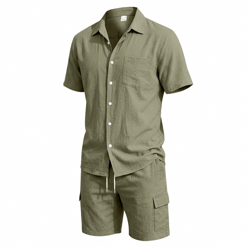 メンズ夏アメリカンリネンツーピースセット半袖シャツドロースト - Summer Clothing Sets のレビューと価格