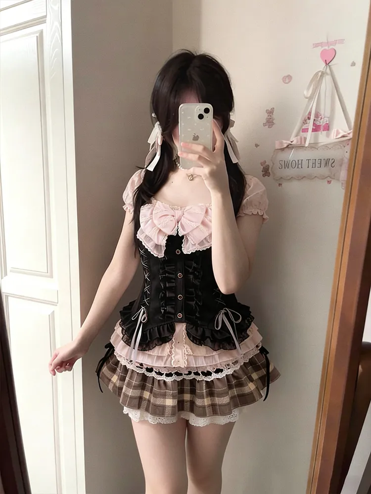 日本の可愛い3点セット レディース レースボウブラウス+キャ - Summer Alt Clothing のレビューと価格
